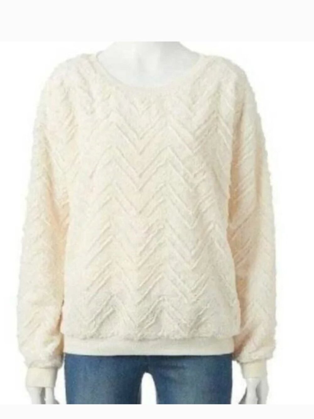 Eyeshadow Shirt Womens L Cream Chevron Long Sleeve Crew Furry Pullover